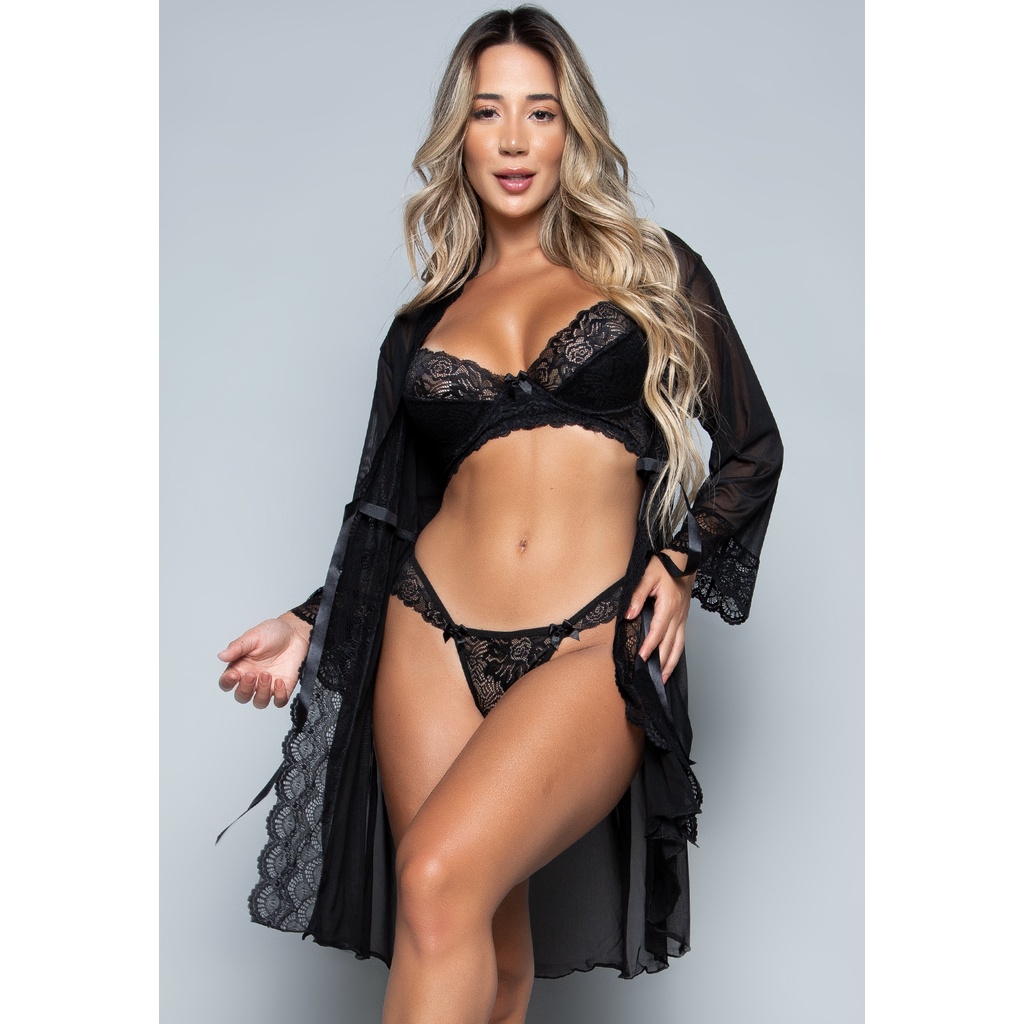 Conjunto Lingerie Aro Sem Bojo E Robe Feminino Sexy Em Renda E Tule