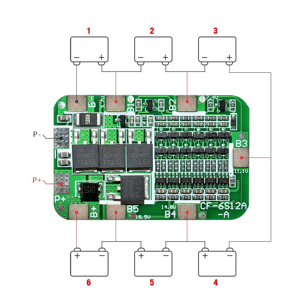 Placa BMS de Proteção Carregamento balanceada 6s 15A 24v bateria de