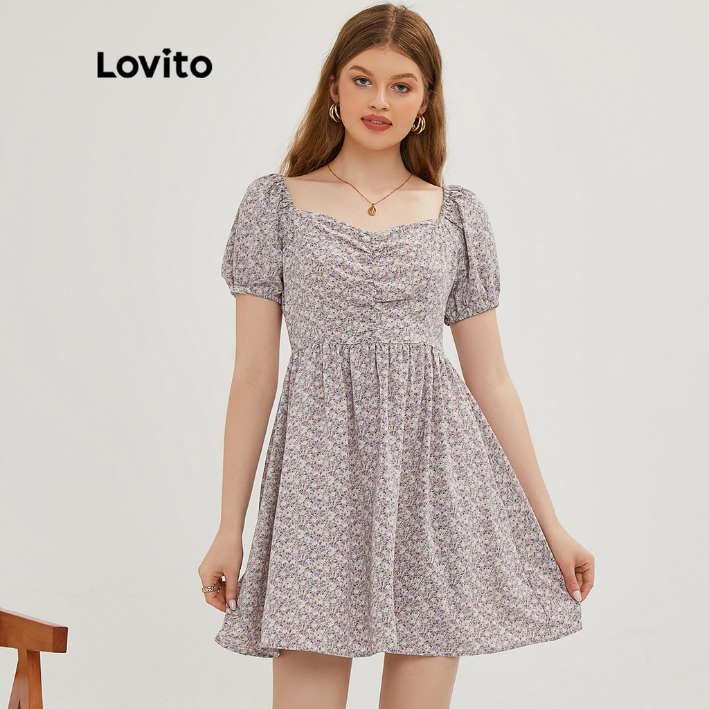 Lovito Vestido Vintage Estampa Ditsy Ruched Querido Neck Puff Mangas