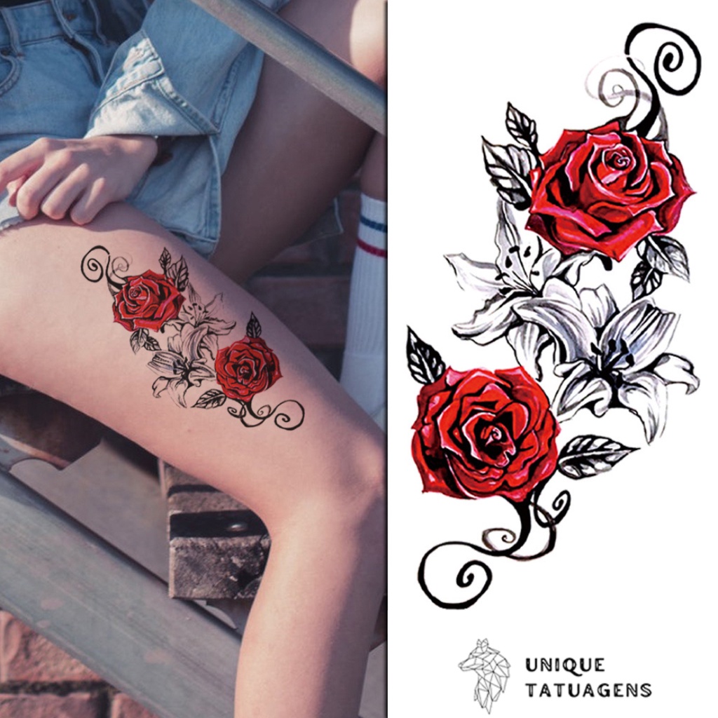 Tatuagem Temporaria Realista Falsa Feminina Rosas Vermelhas Desenho