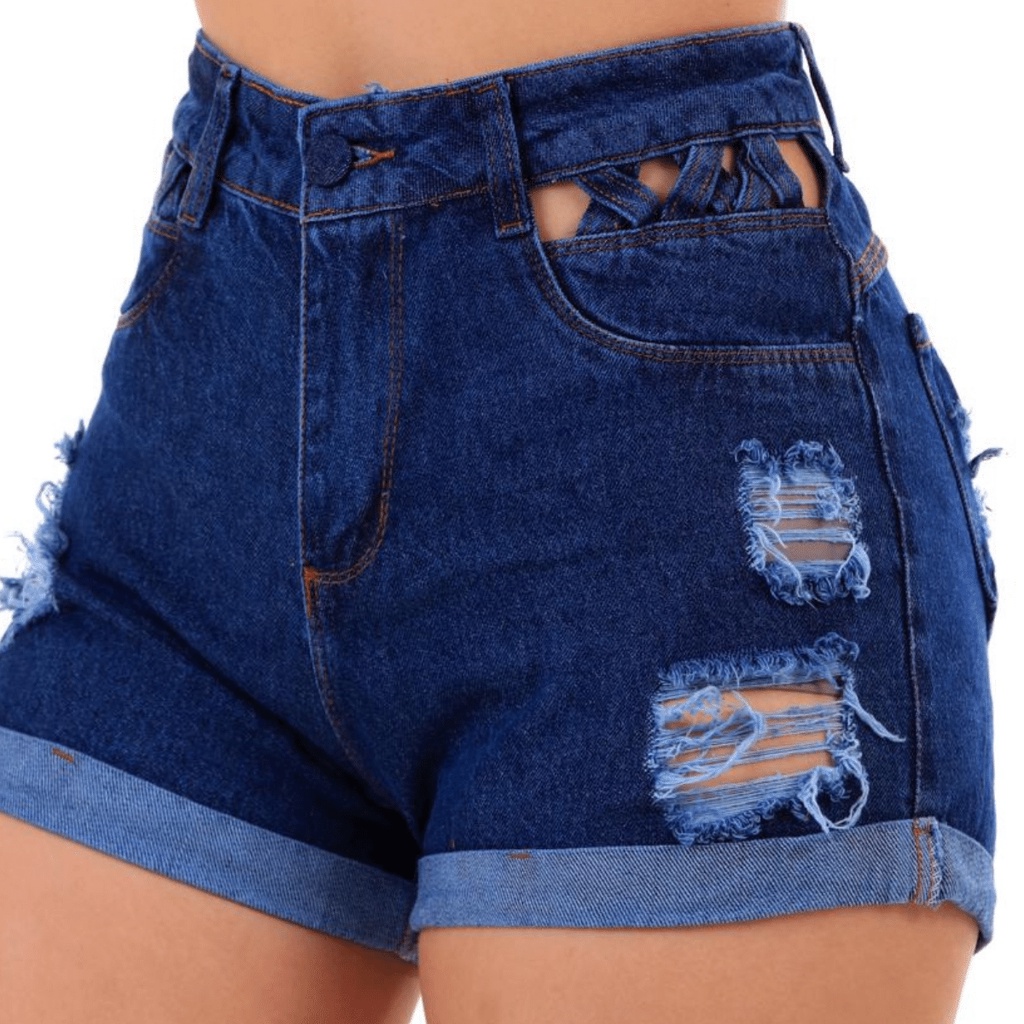 Short Jeans Feminino Cintura Alta Modela Bumbum Destroyed Hot Pants