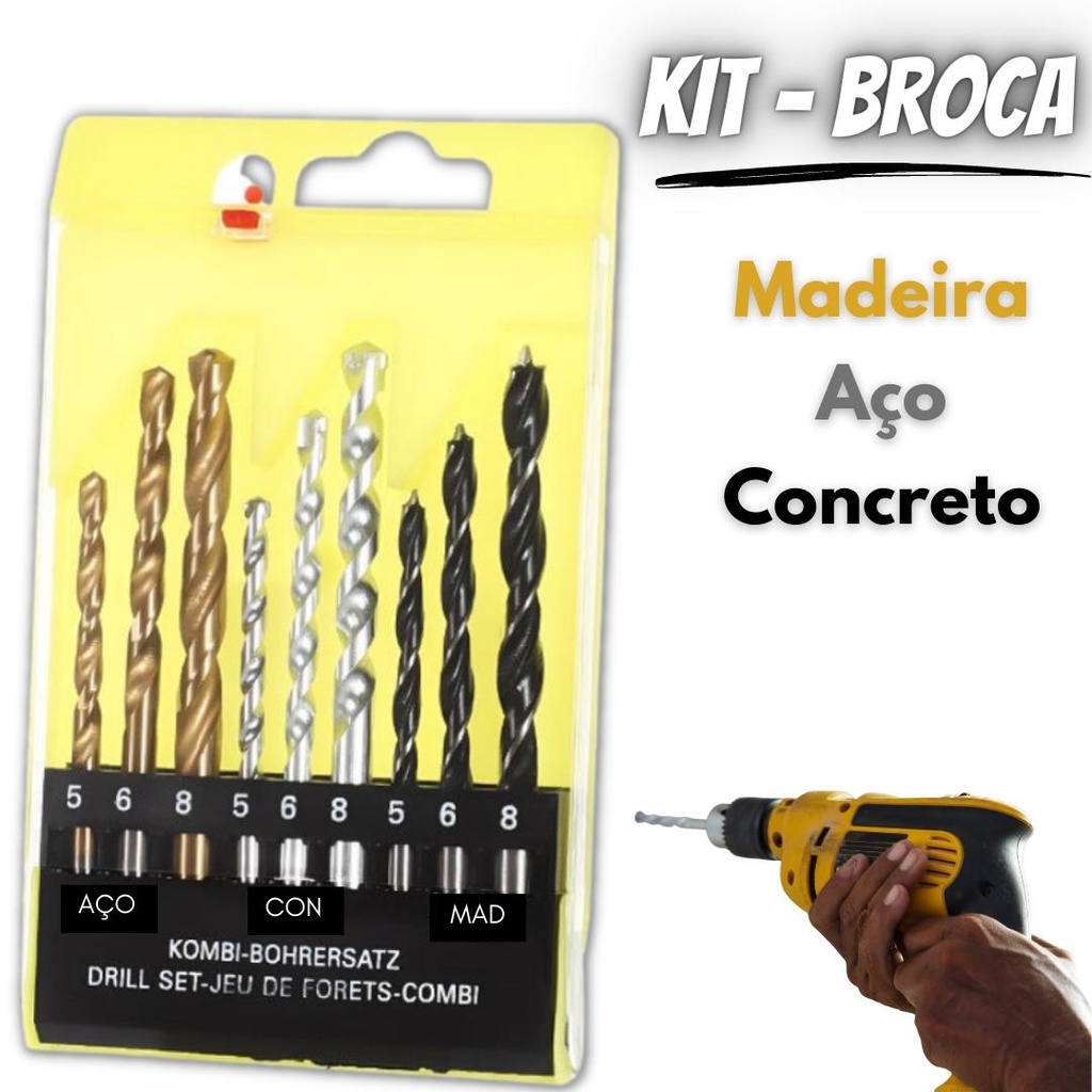 Jogo 9 Brocas para Furadeira Metal Madeira e Concreto Wídea