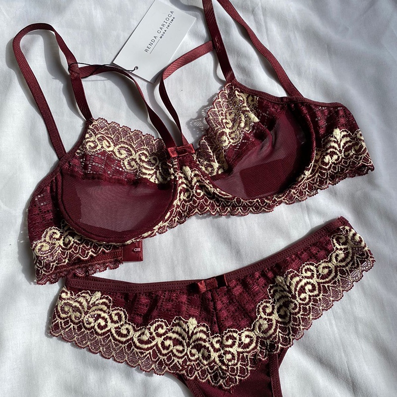 Conjunto Lingerie Sexy Renda e Tule Transparente Sutiã e Calcinha