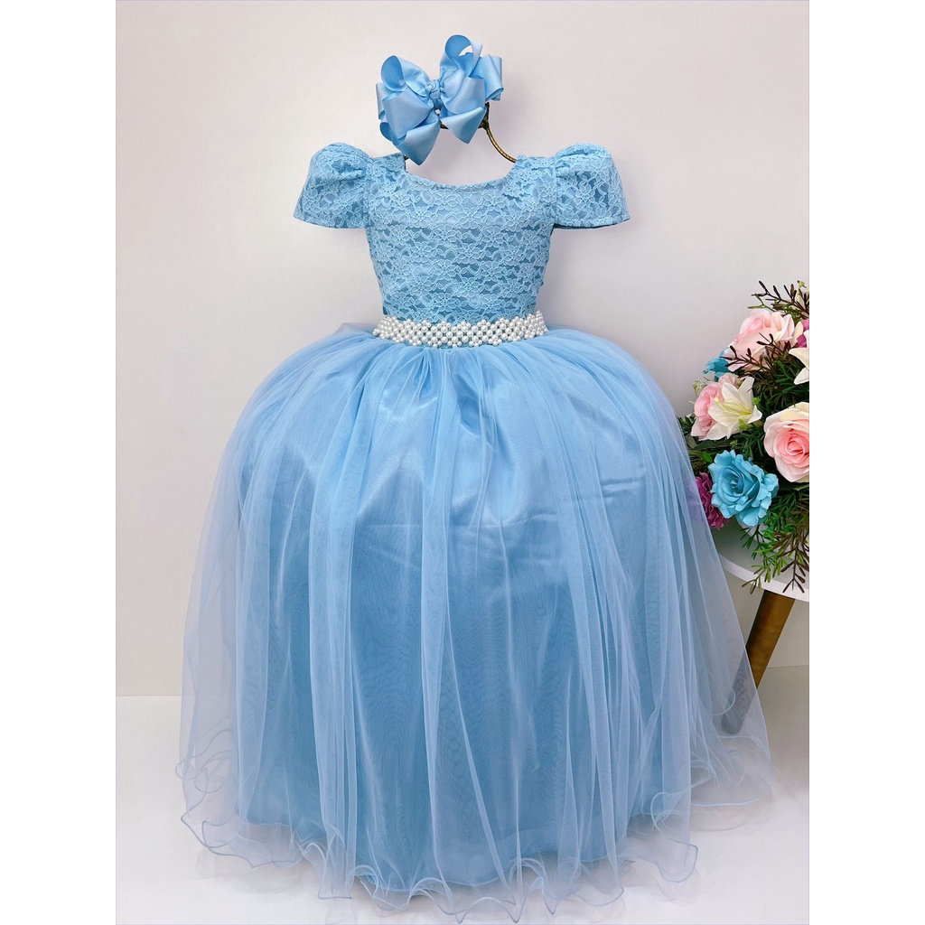 Vestido Infantil Azul Longo Luxo Damas Dama De Honra Florista Cinderela