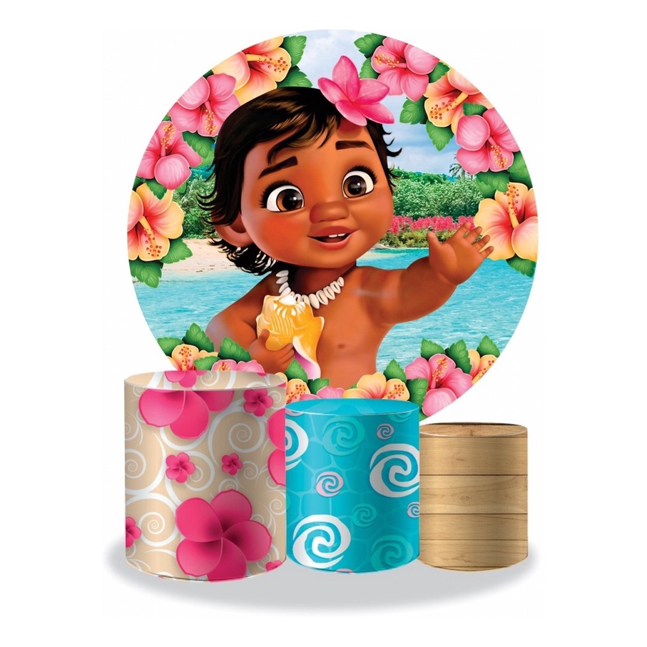 Kit Painel E Trio Capa De Cilindro Tema Moana Baby Em Tecido Sublimado