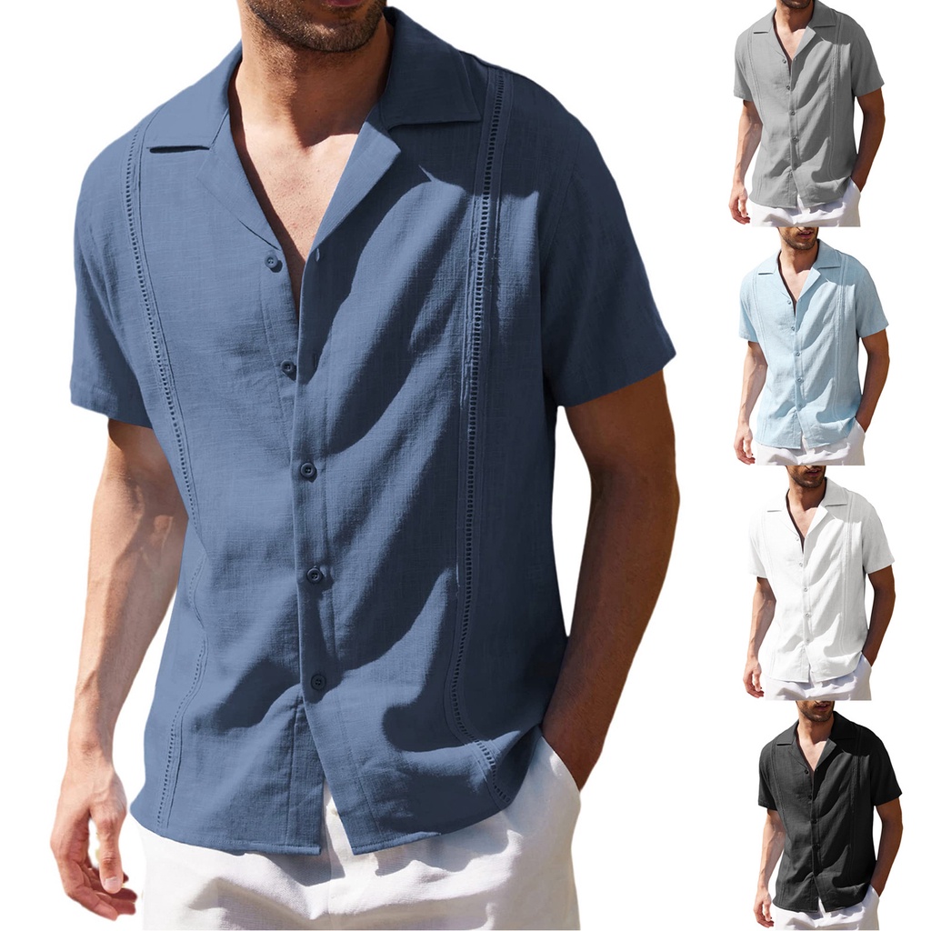 Camisa De Linho Casual Solta Para Homens Cuba Guayabera Manga Curta