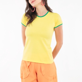 Baby look 100 Algodão Brasil Amarela punho e gola Verde Copa