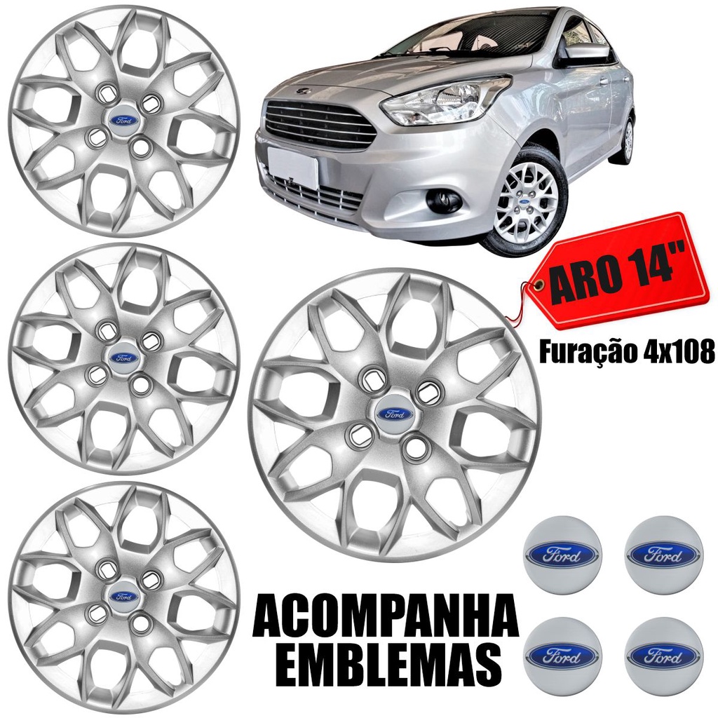 Jogo Calotas Aro 14 Ford Ka 2015 16 17 18 Prata Emblemas Shopee Brasil