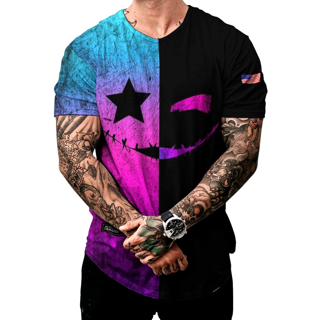 Camiseta Masculina Longfit Preta E Rosa Smile Suicide Squad Shopee Brasil