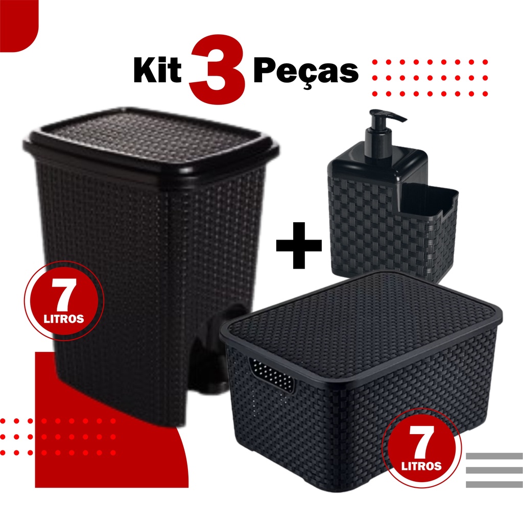 Kit Lixeira Rattan Cesto 7 Litros Pedal Porta Detergente Sabão