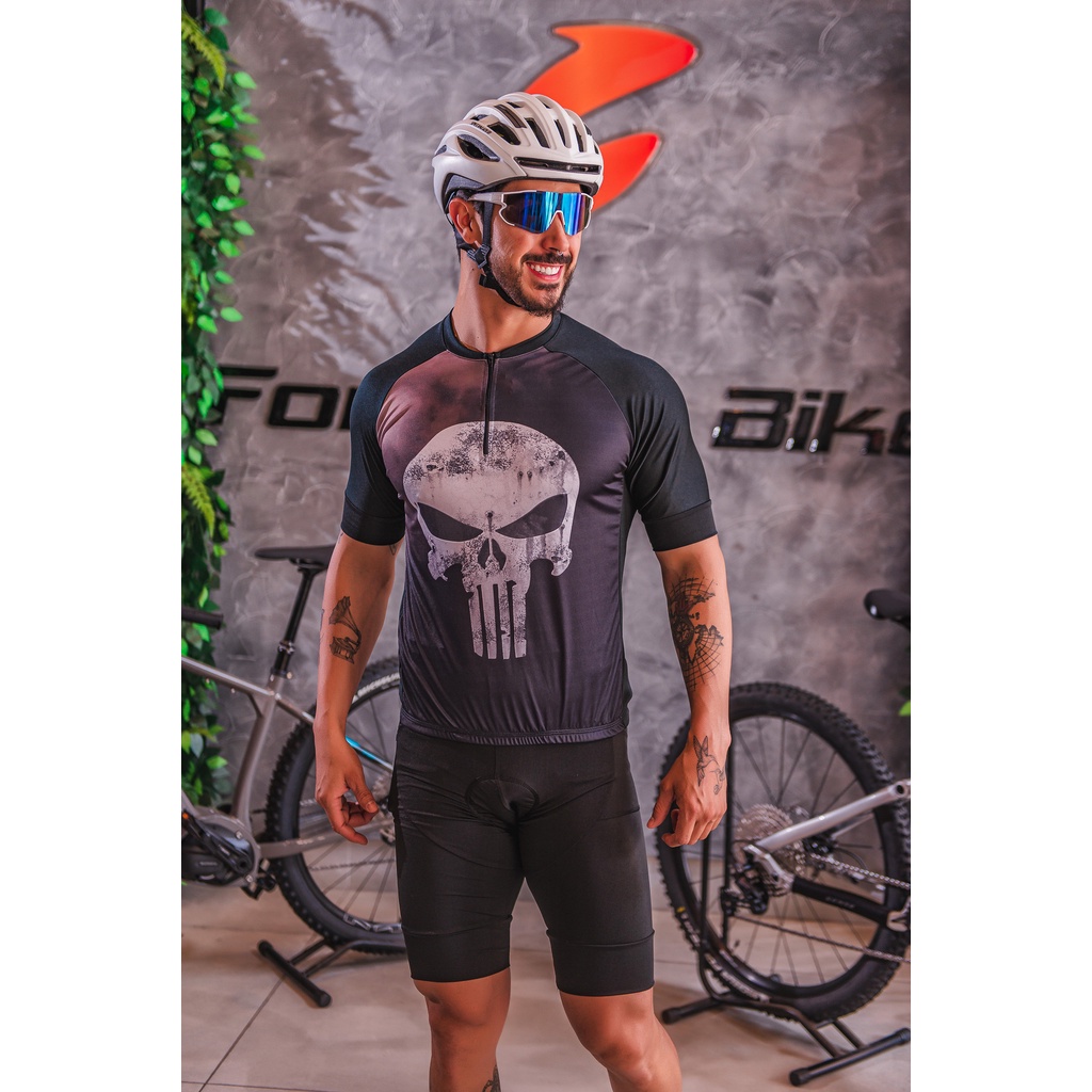 Conjunto De Ciclismo Espuma Masculina Justiceiro Punisher Preta Pro