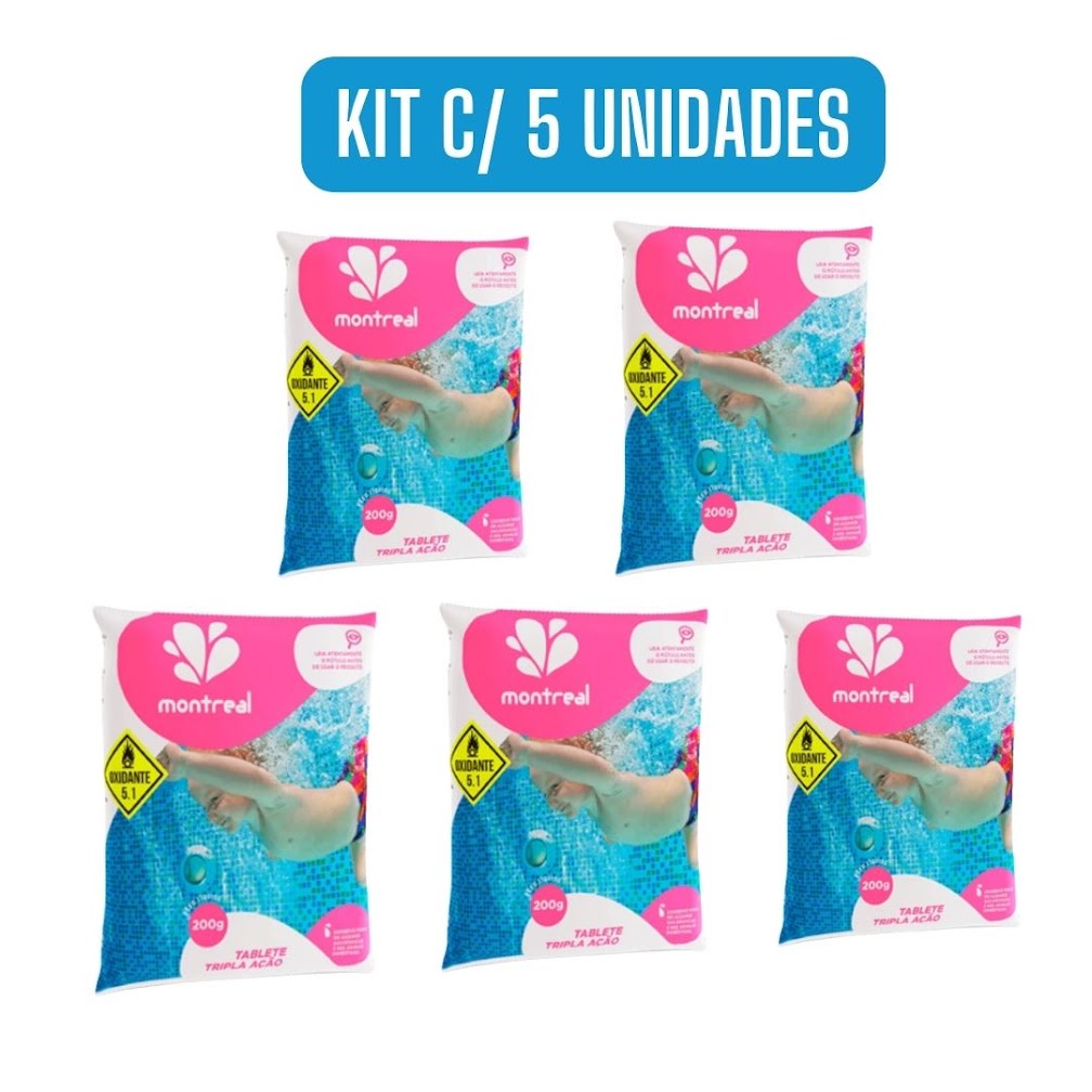 KIT 5 PASTILHAS DE CLORO CLARIFICANTE TRIPLA ACAO 3 EM 1 200G PARA