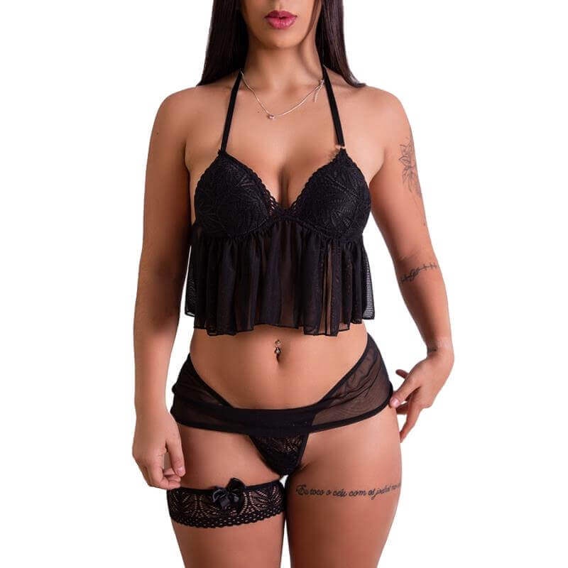 Lingerie Fascino Conjunto Em Renda Saia E Persex Em Tule Cor