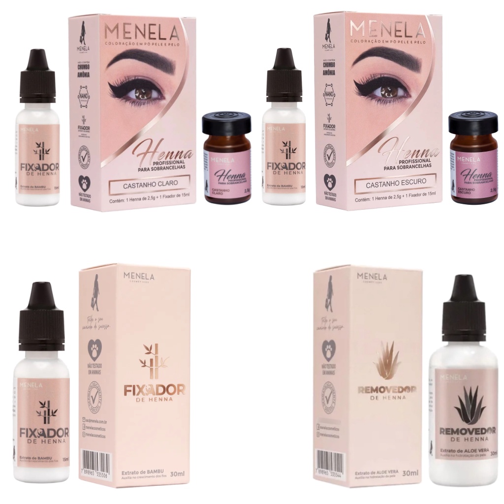 Kit 2 Henna Sobrancelha Menela Fixador Extrato De Bambu Removedor