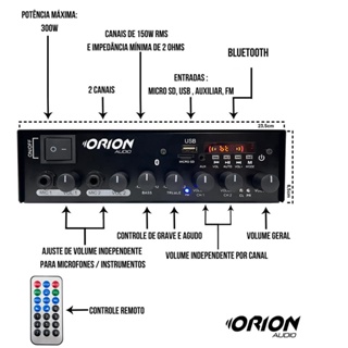 Amplificador Bluetooth Som Ambiente Aux Sd Usb Mic Grave Orion