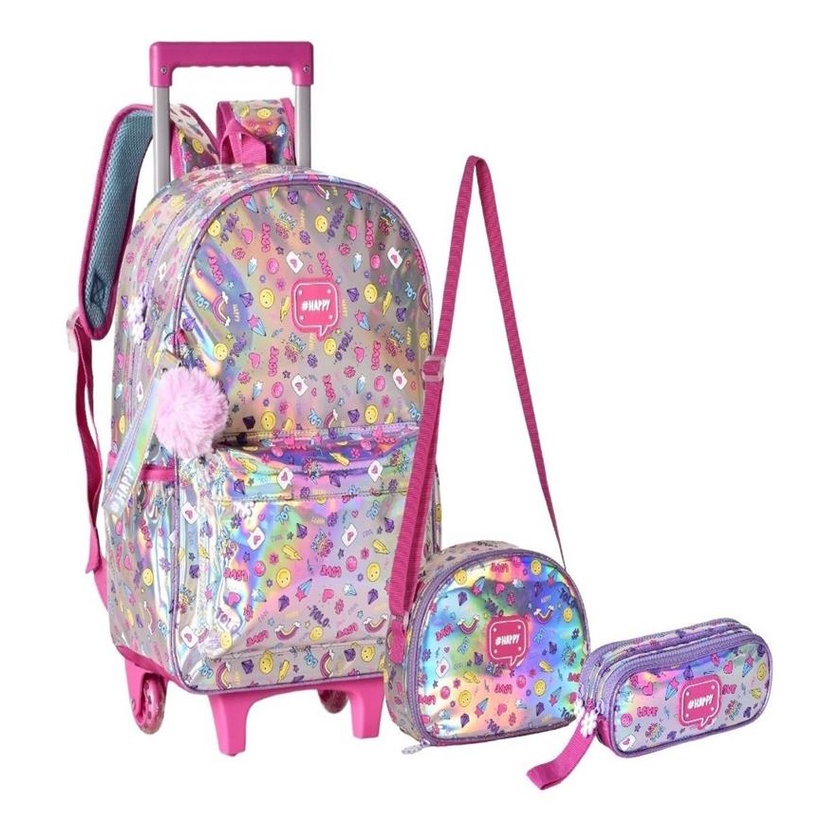 Mochila Rodinha Escola Holografica Lancheira Estojo Clio Shopee