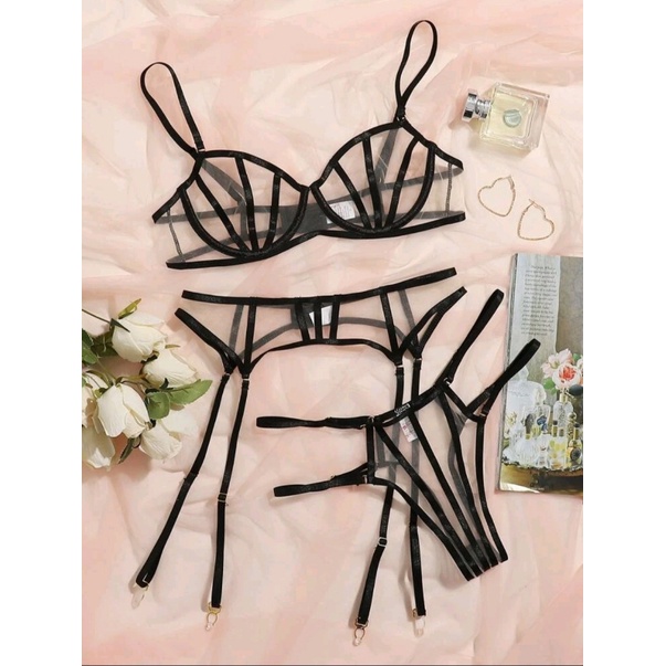 Conjunto Diva Lingerie Sensual Preta Sexy Tule Shopee Brasil