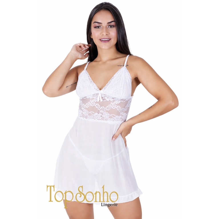 Camisola Tule Calcinha Lingerie Feminina Rendada Camisola Sexy