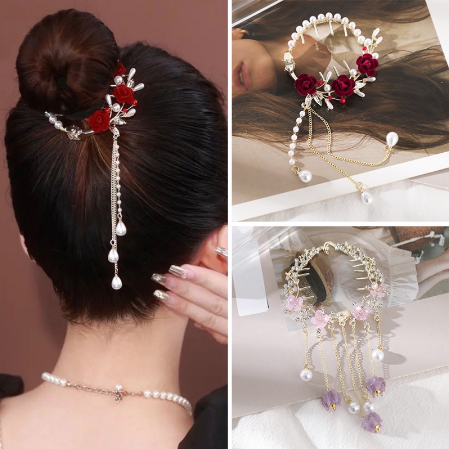 Coreano Metal P Rola Strass Borla Hairpin Flor Borboleta Cristal Rabo