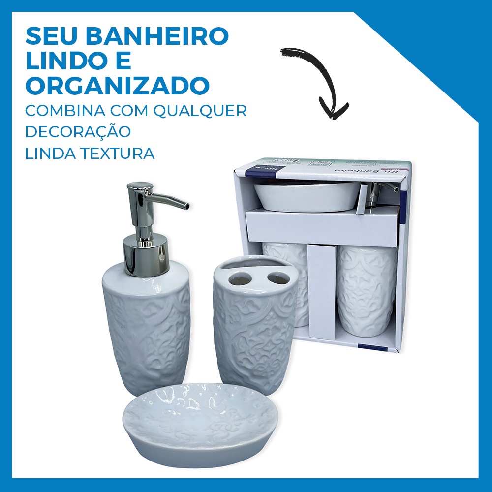 Kit Banheiro Lavabo Porcelana 3 Peças Branco Conjunto Dispenser Porta