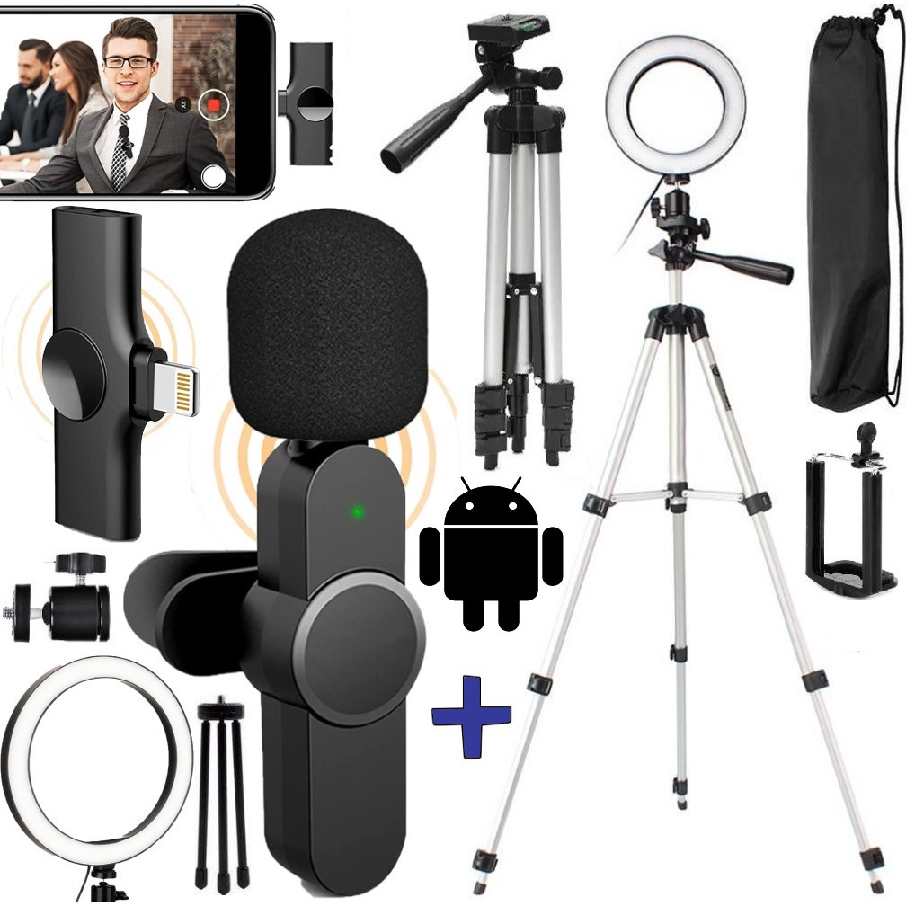 Kit Youtuber Trip Pedestal Celular Microfone Lapela Sem Fio Android