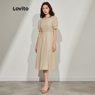 Lovito Elegante Plain Puff Mangas A Linha Vestido L45ED062 Light Khaki