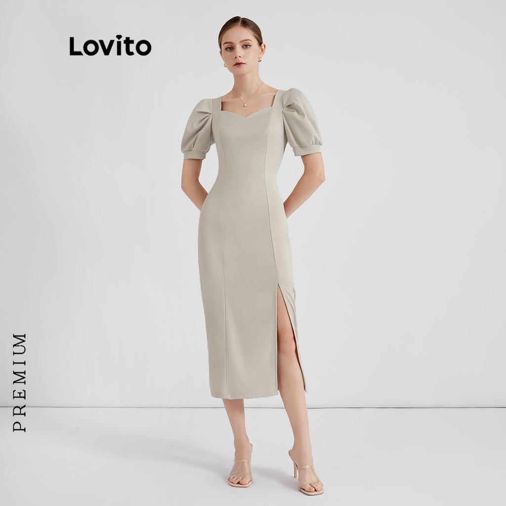 Lovito Premium Vestido Feminino Elegante Liso Decote Quadrado