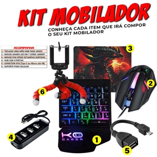 Kit Mobilador De Celular Teclado Uma Mao RGB Mouse Gamer 1600dpi