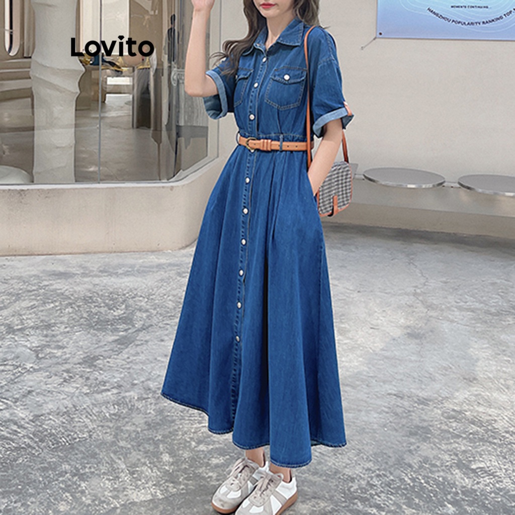 Linha Lovito Um Vestido Casual Jeans Mangas Curtas E Luva A Line