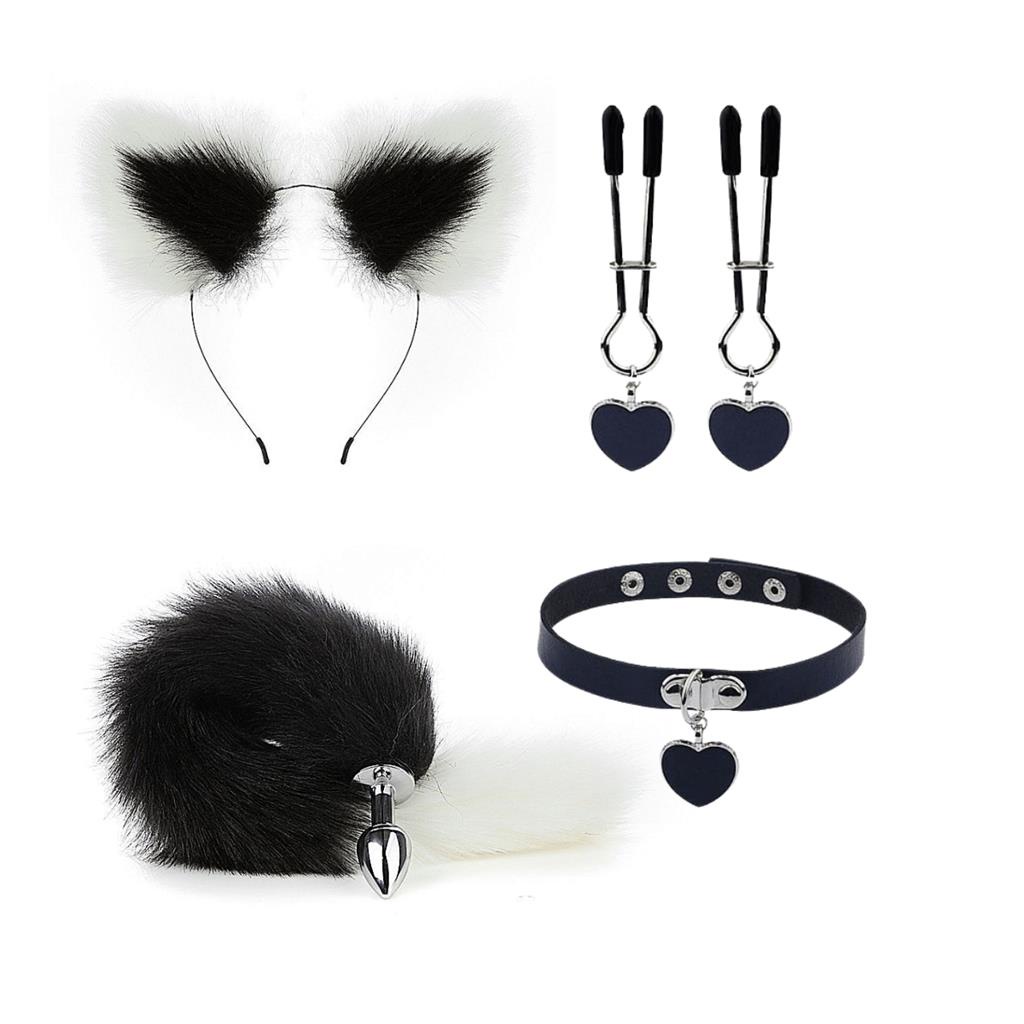 Plug Anal Cauda Kit Fantasia Sensual Grampo Tiara Colar Preta Branco
