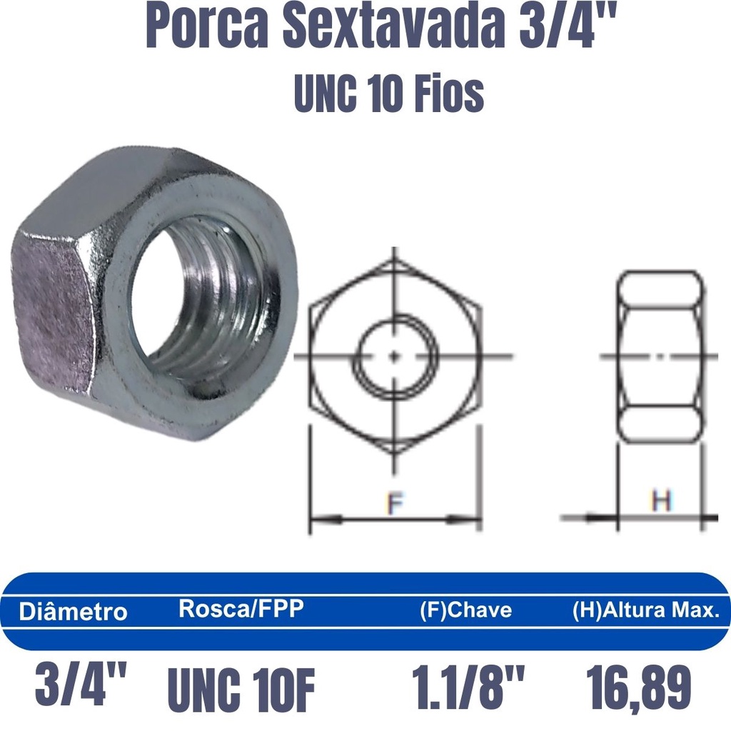 Porca Sextavada Ferro Zincada X F Rosca Grossa Unc Shopee