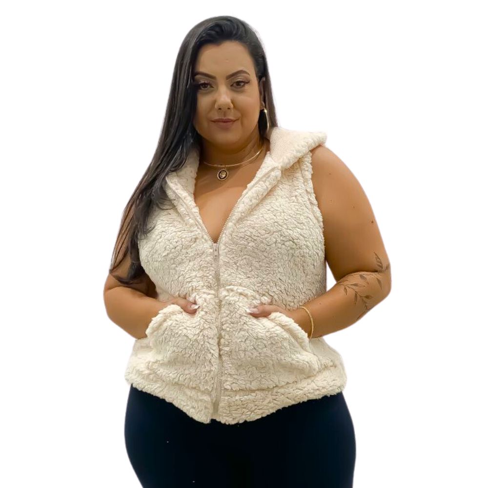 Colete Teddy Plus Size Peluciado Feminino Ziper Capuz Pelucia Ted