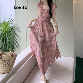 Lovito Boho Vestido Feminino Floral Bata Em Camadas Babados