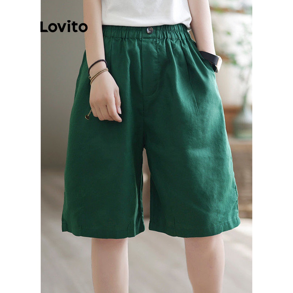 Lovito Shorts Femininos Casuais De Cintura Alta Bolso Liso E Perna