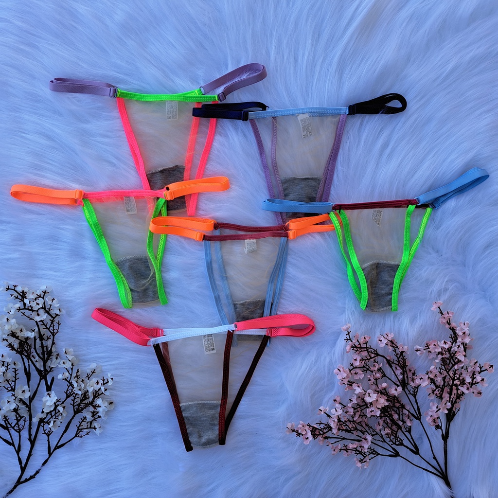 Kit Lingerie Calcinhas Sexy Tanga Neon Em Tule Transparente Bicolor