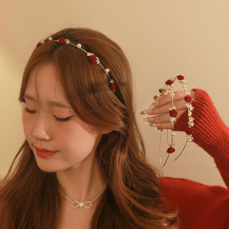 Coreano Red Flower Pearl Rhinestone Pérola Vermelha Faixa De Cabelo Em