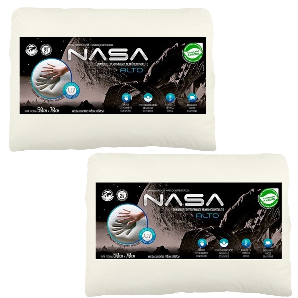 Conjunto Casal Travesseiros Nasa Alto Antiácaro Formato Plano Algodão