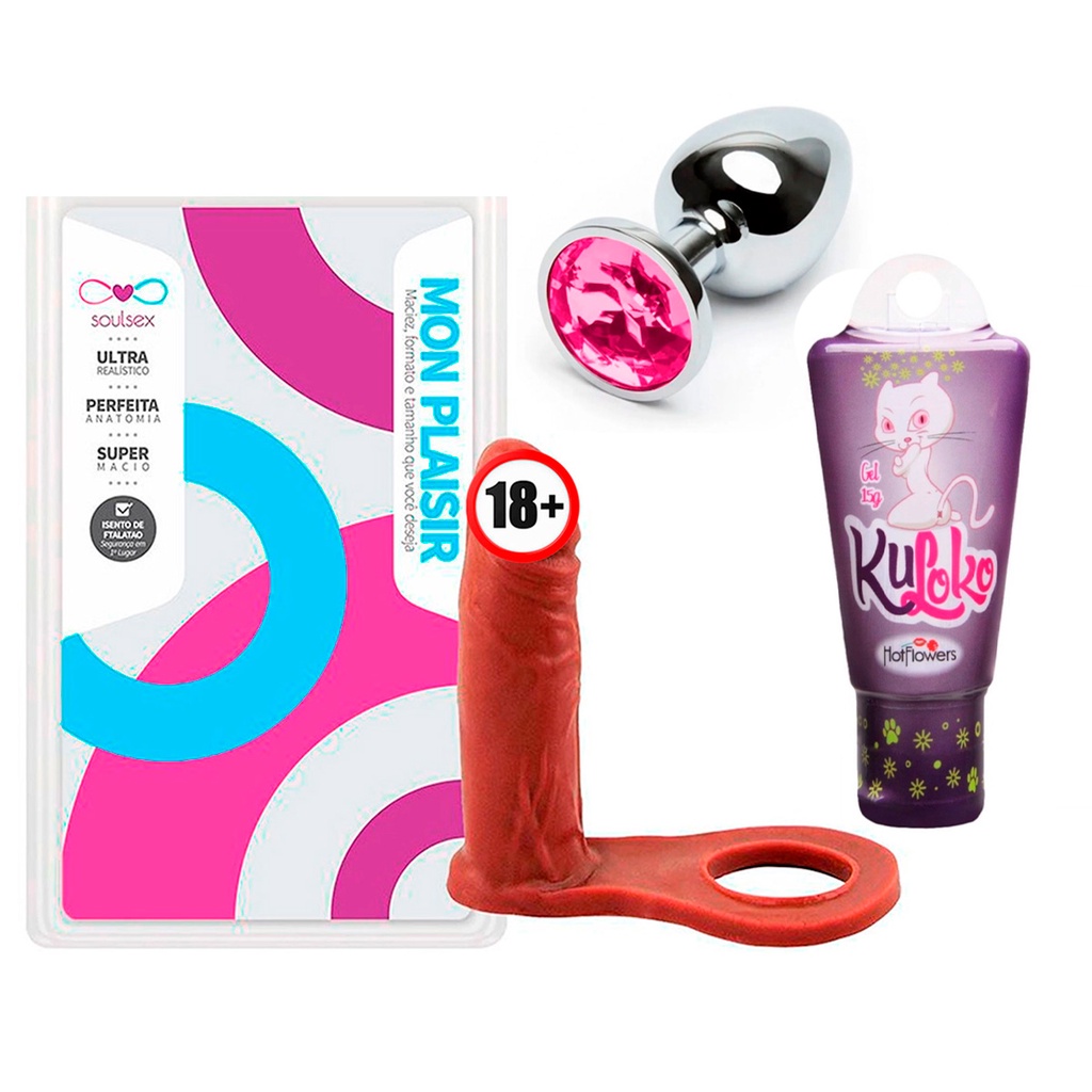 Anel Dupla Penetração Chocolate 11cm Plug Anal Pedra Rosa e Gel