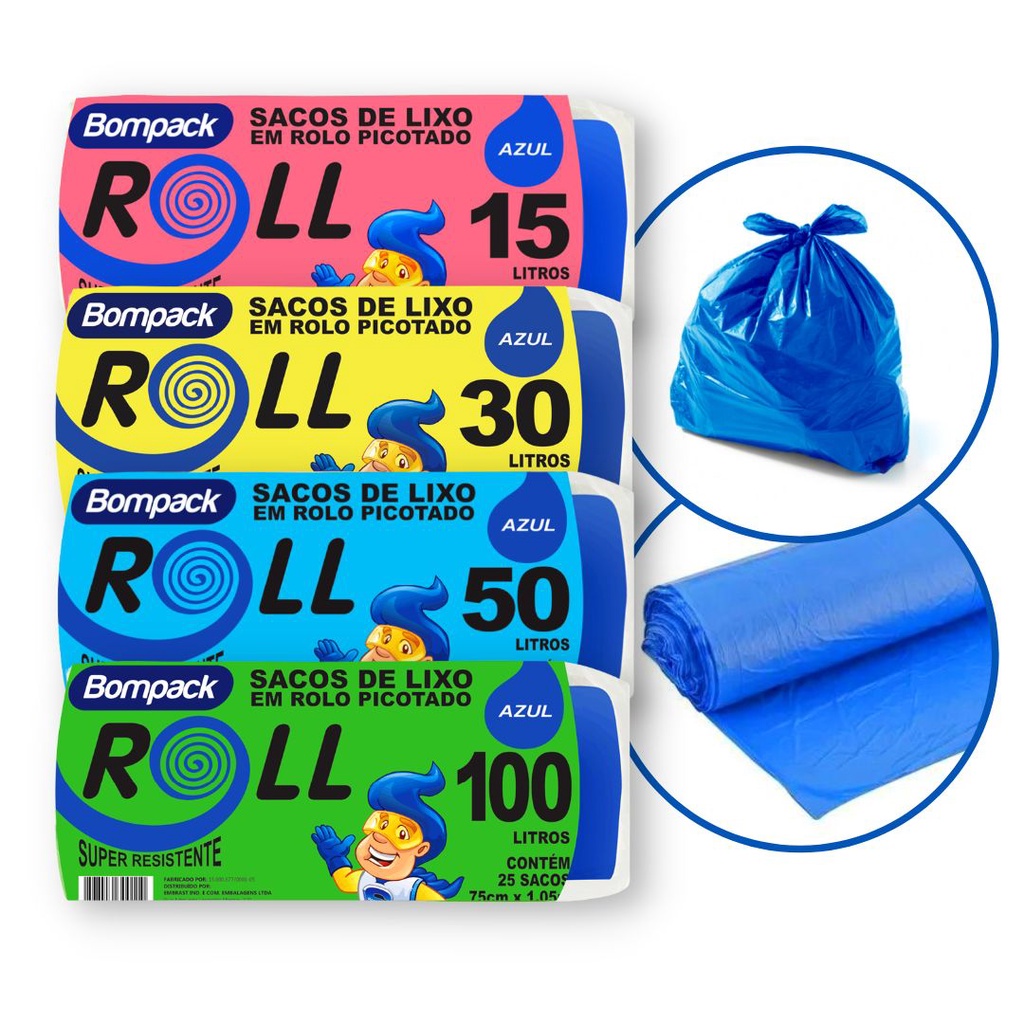 Saco De Lixo Refor Ado Em Rolo Picotado Azul Recicl Vel Roll Bompack