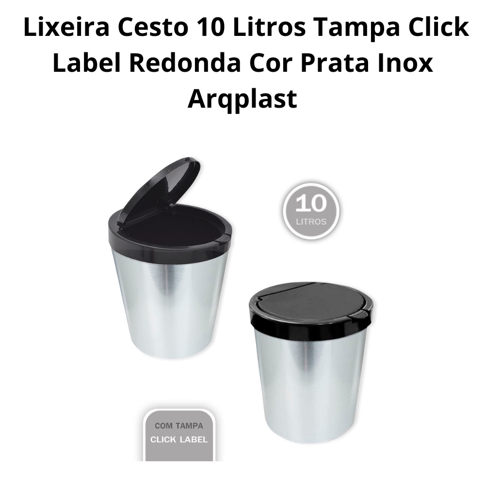 Lixeira Cesto 10 Litros Tampa Click Label Redonda Cor Prata Inox