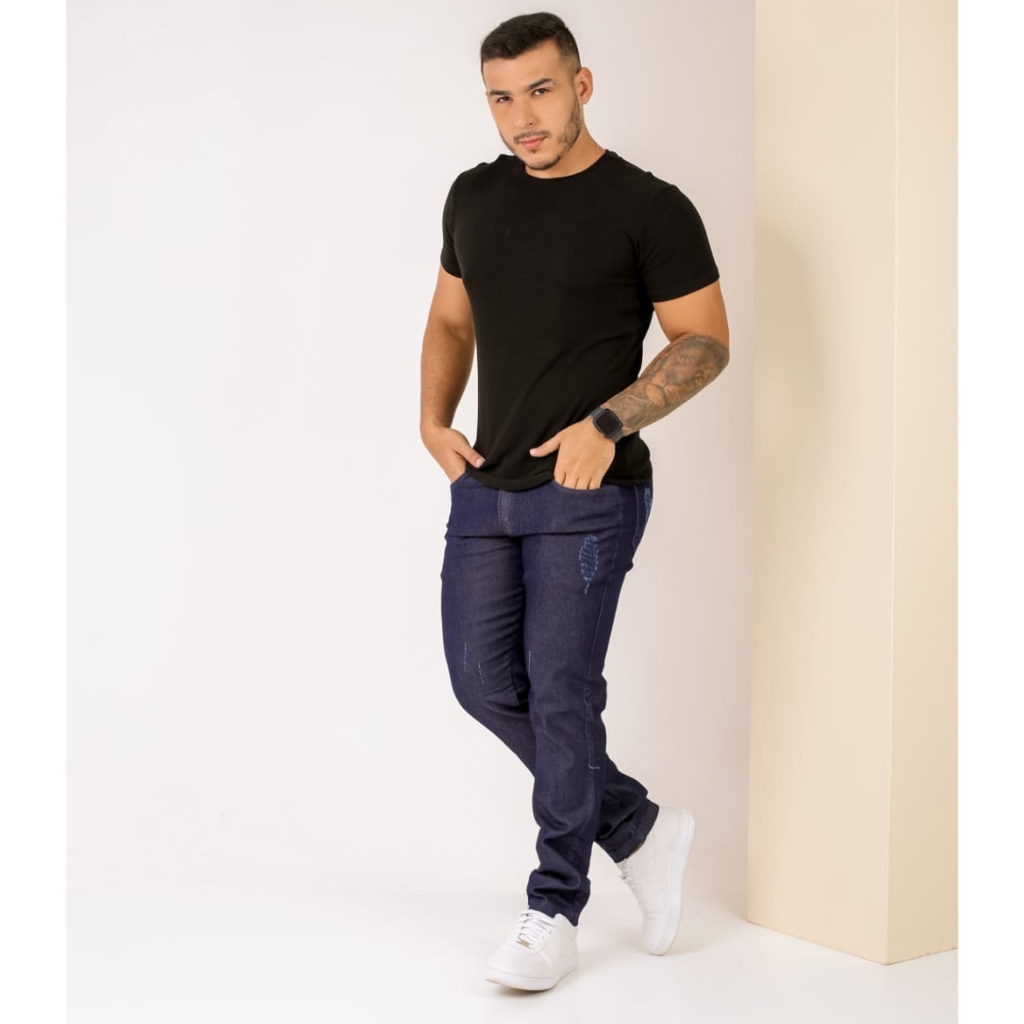 Calça de sarja masculina escura bolso traseiro detalhado Shopee