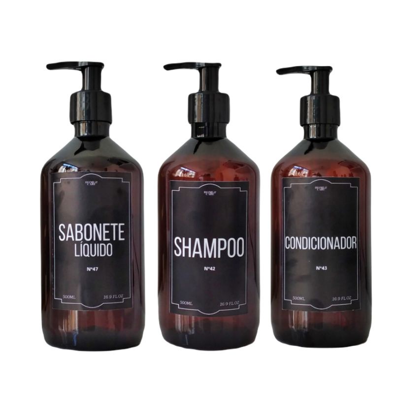 Frasco Âmbar Pet kit 3pçs Shampoo Condicionador e Sabonete líquido