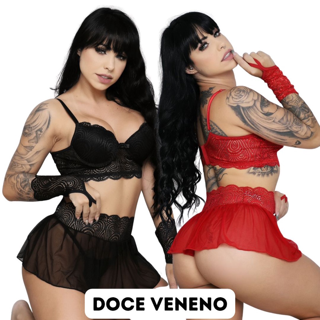 Conjunto Lingerie Sexy Sensual Bojo Saia Calcinha Luvas Doce Veneno