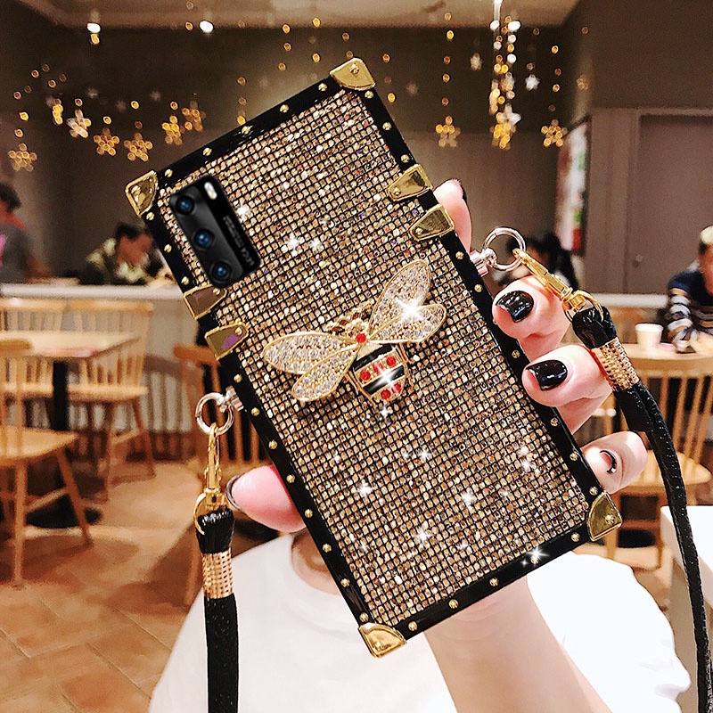 Luxuoso Bling Gold 3D Bee Glitter Sequins Capa Dourada Para Samsung S23