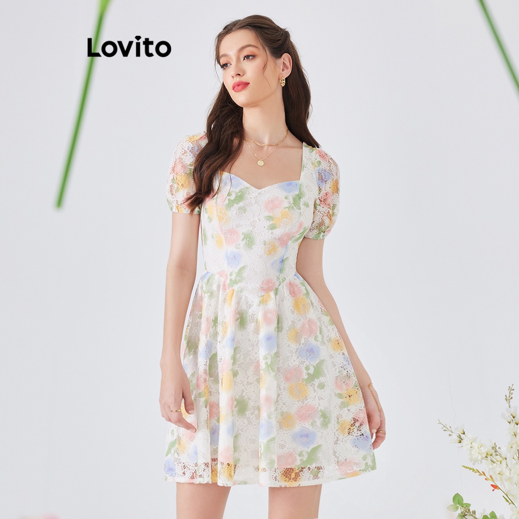 Lovito Vestido Fofo Floral Renda Bordada E Manga Bufante Para