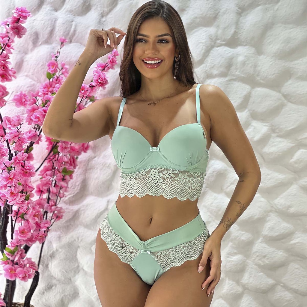 Conjunto Lingerie Super Luxo Sara Sutiã Bojo Bolha e Calcinha Fio