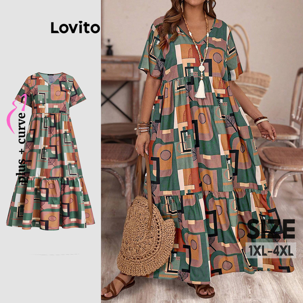 Lovito Vestido Plus Size Casual Patchwork Camada Em Camadas Para