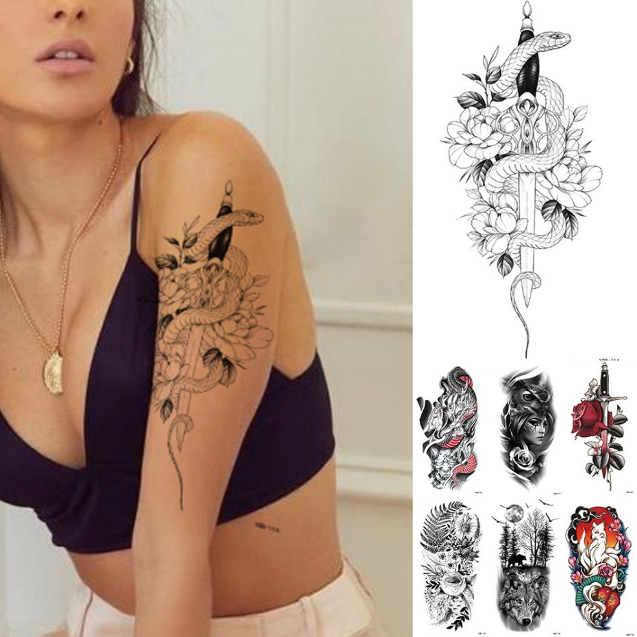 Cobra Flor Rosa Tatuagem Temporária Adesivo Flash Tatuagens À Prova