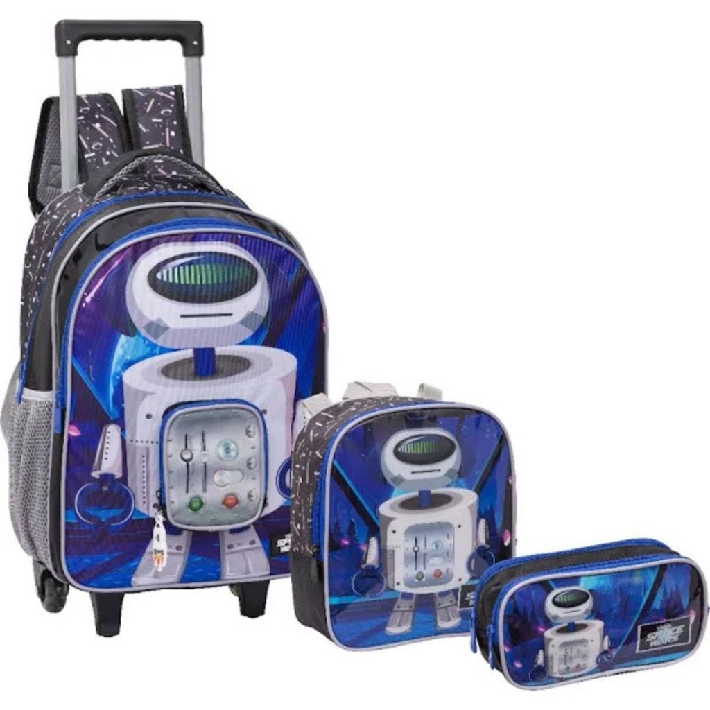 Kit Mochila Rodinhas Lancheira Estojo Infantil Escolar Rob Astronauta