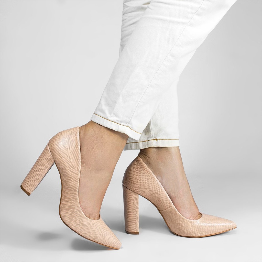 Scarpin Salto Grosso Jaine Nude Lezard Shopee Brasil